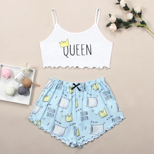 

Letter & Cartoon Graphic Bow PJ Set, Blue and white