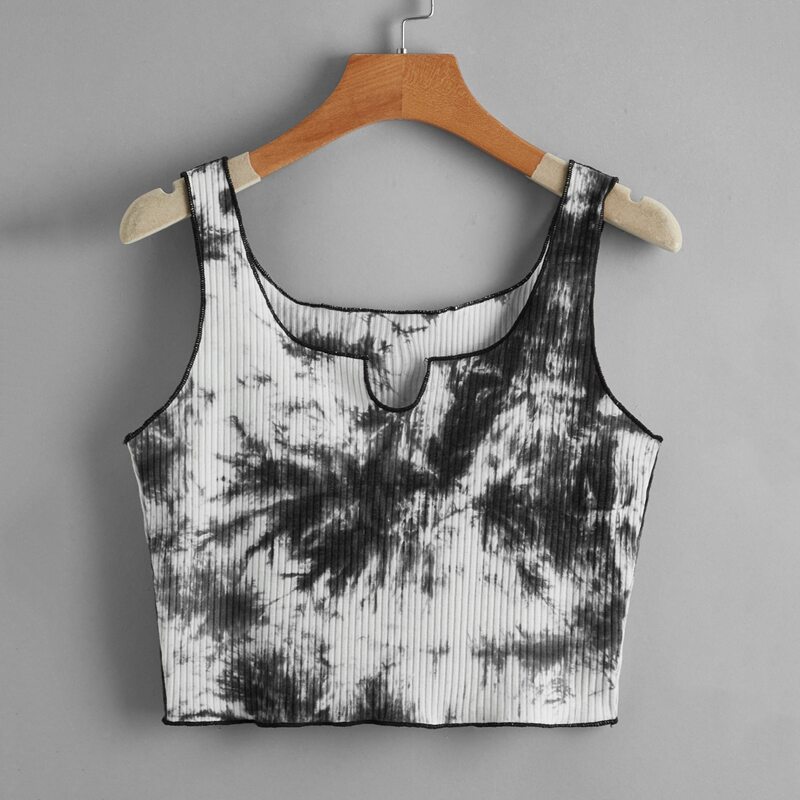 

Tie Dye Notched Ribbed Tank Top, Black and white