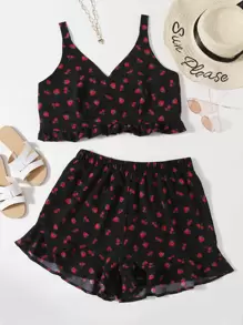 Top de tirantes con estampado de fresa con shorts - Negro - Ver 1