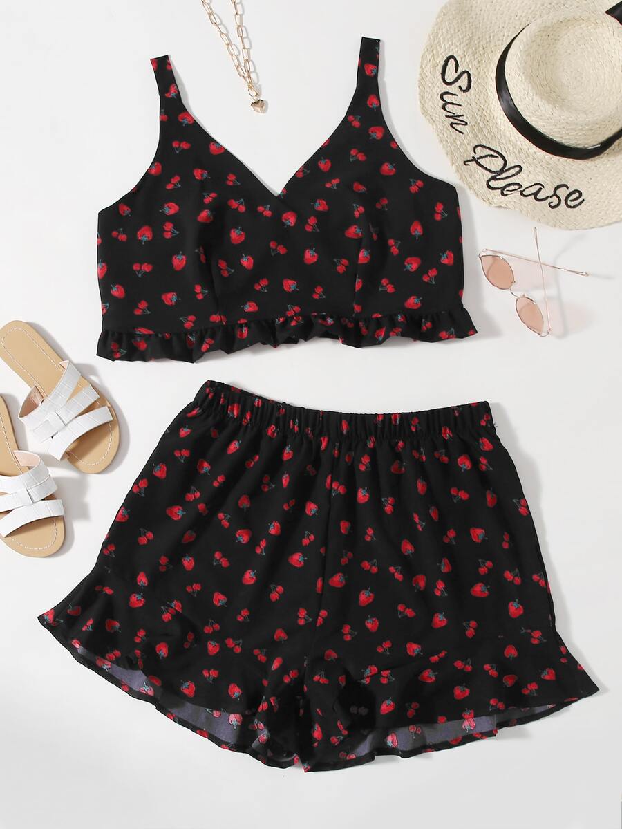 Top de tirantes con estampado de fresa con shorts - Negro - Ver 1