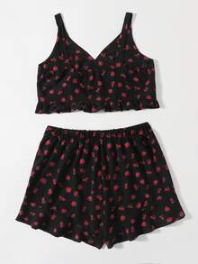 Top de tirantes con estampado de fresa con shorts - Negro - Ver 2