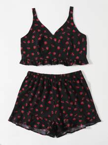 Top de tirantes con estampado de fresa con shorts - Negro - Ver 3