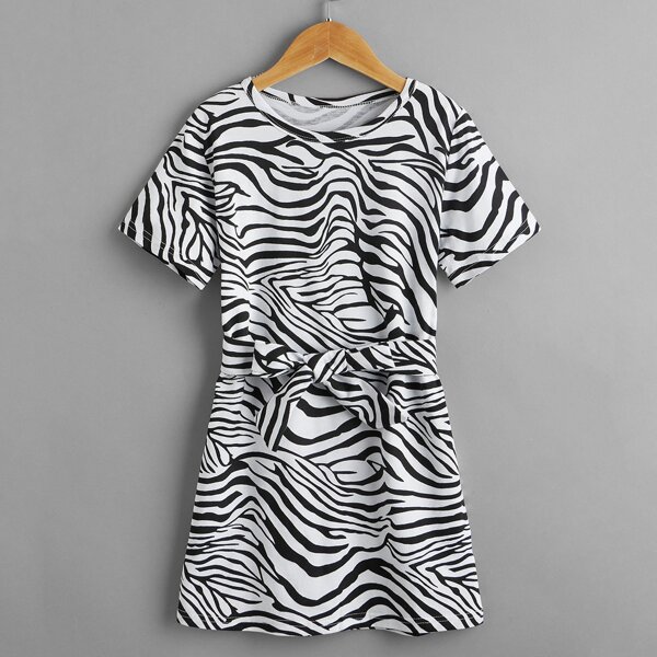 

Girls Zebra Striped Belted Tee Dress, Black and white