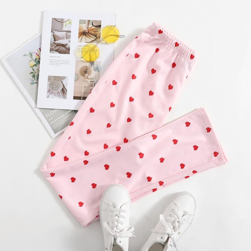 

Allover Heart Print Slit Hem Pants, Baby pink