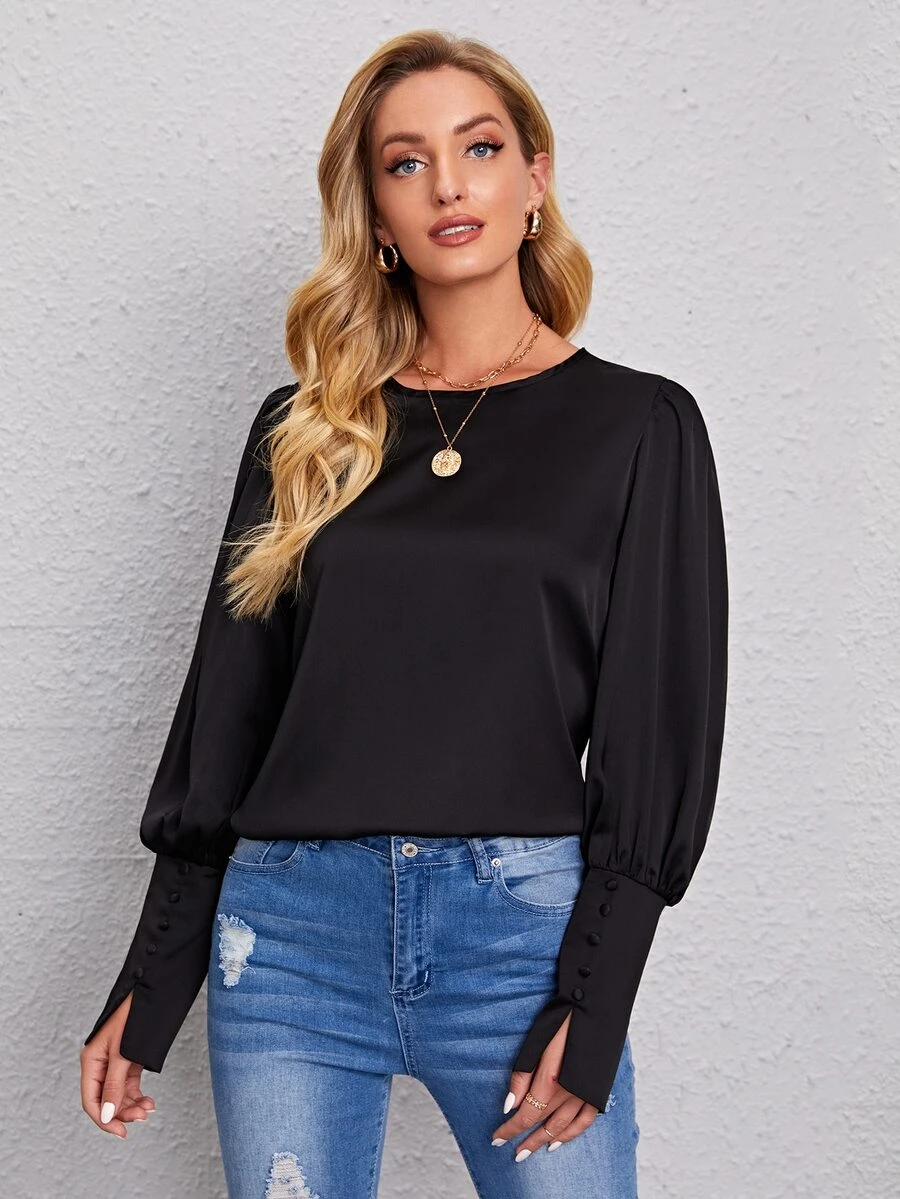 SHEIN Privé Blus Tombol Plain Glamor - Hitam - View 1