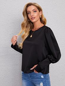 SHEIN Privé Blus Tombol Plain Glamor - Hitam - View 3