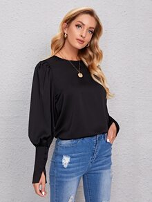 SHEIN Privé Blus Tombol Plain Glamor - Hitam - View 4