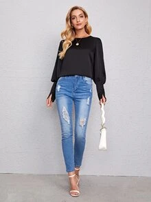 SHEIN Privé Blus Tombol Plain Glamor - Hitam - View 5