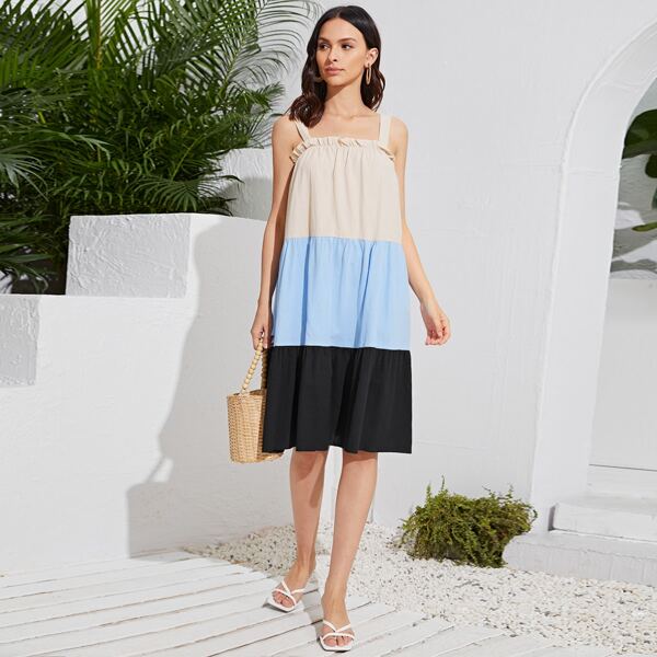 

Frill Trim Colorblock Cami Dress, Multicolor