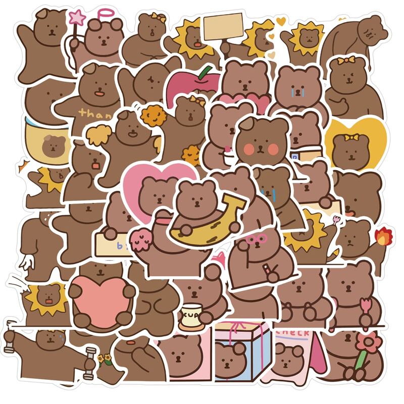 

50pcs Cartoon Bear Sticker, Brown