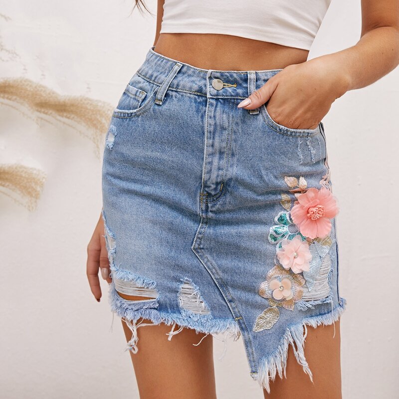 

Embroidered Floral Distressed Applique Denim Skirts, Light wash