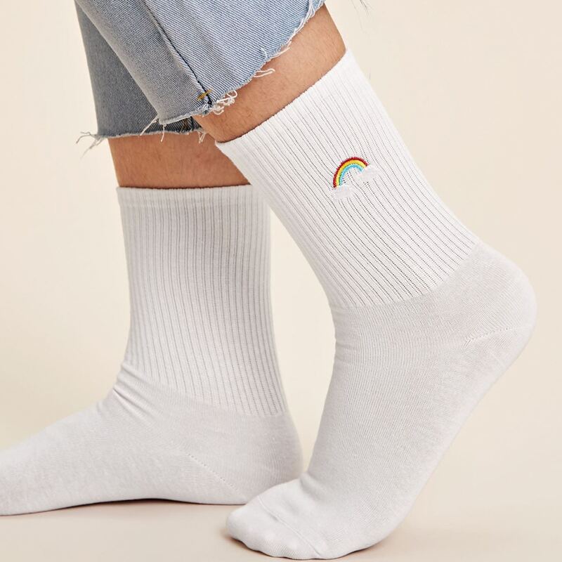 

1pair Rainbow Embroidery Socks, White