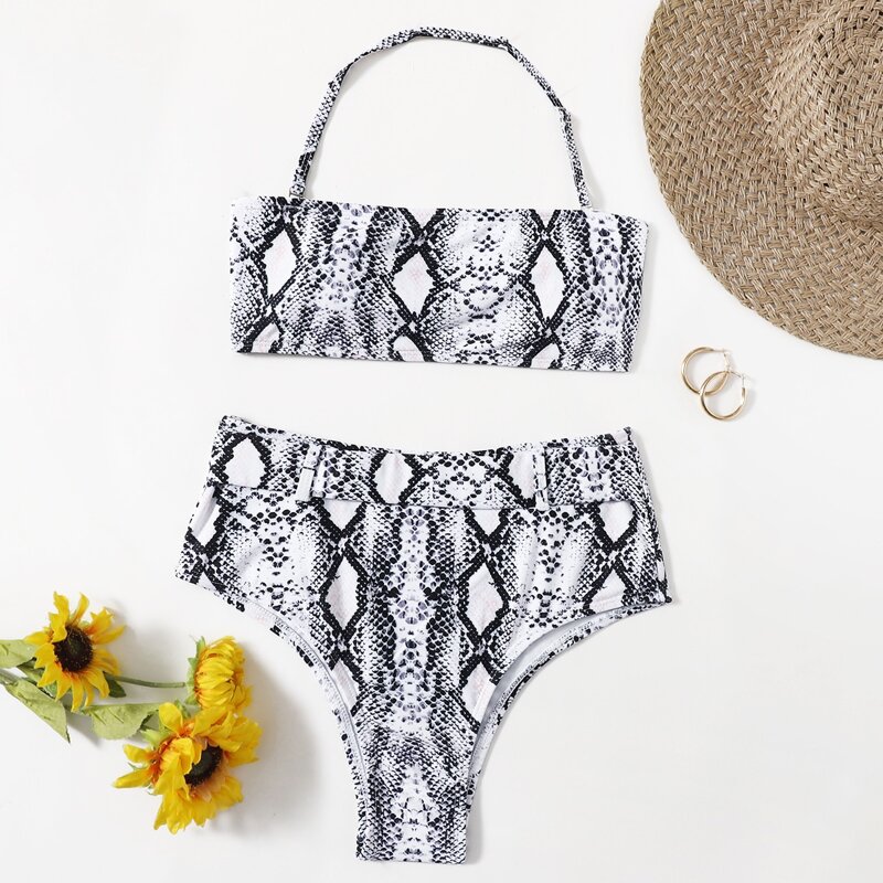 

Snakeskin Print High Waist Bikini Swimsuit, Multicolor