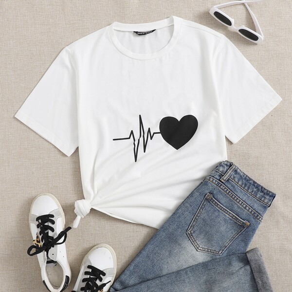 

Heart Print Round Neck Tee, White
