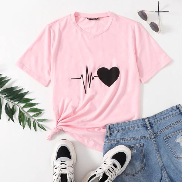

Heart Print Round Neck Tee, Baby pink