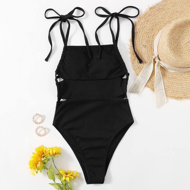 

Ribbed Tie Shoulder One Piece Swimsuit, Black