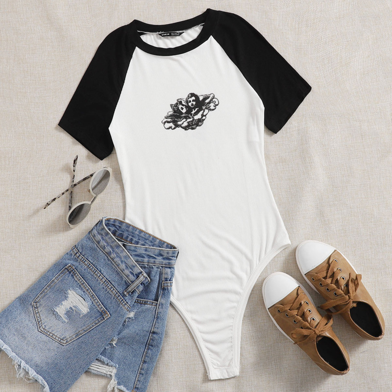 

Angel Print Colorblock Tee Bodysuit, White