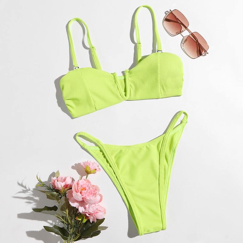 

V-wired High Leg Bikini Swimsuit, Yellow neon