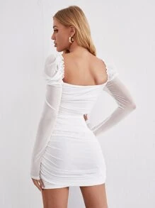 SHEIN Privé Frill Trim Gigot Sleeve Ruched Mesh Overlay Dress - White - View 2