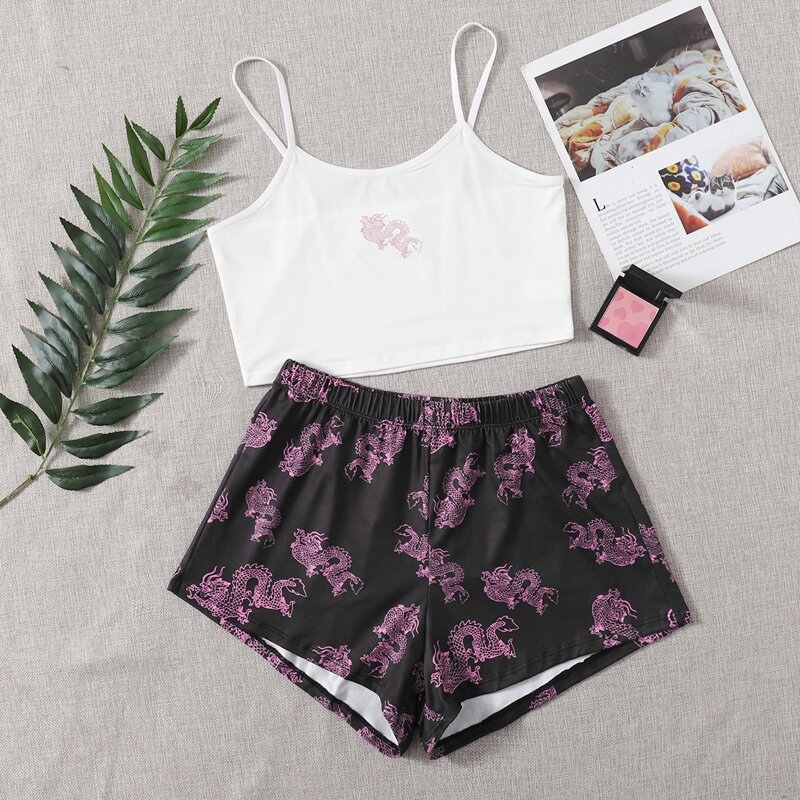 

Chinese Dragon Print Shorts PJ Set, Multicolor