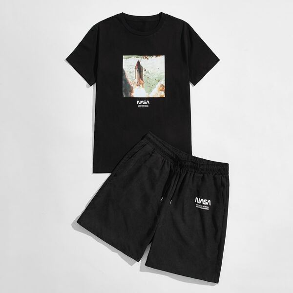 

Men Rocket Print Tee & Letter Graphic Track Shorts, Black