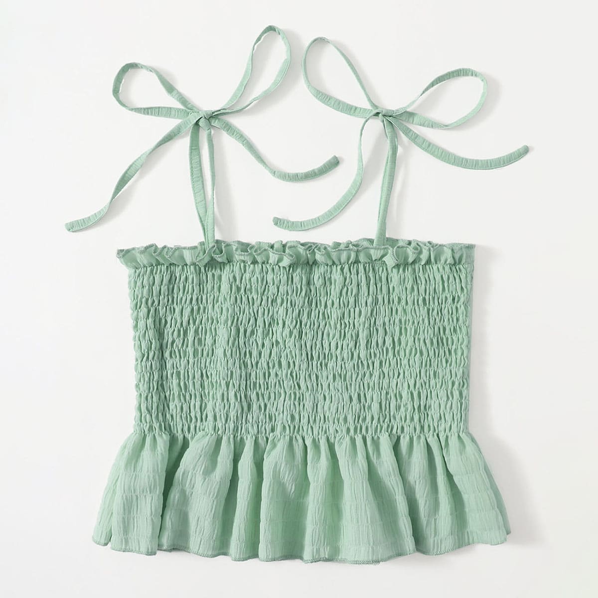 

Solid Shirred Ruffle Hem Crop Cami, Mint green