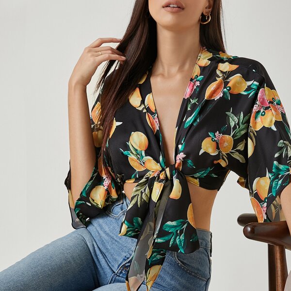 

Fruit Print Tie Front Dolman Sleeve Top, Multicolor