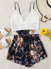 SHEIN VCAY Tie Back Crochet Cami Top & Paperbag Waist Floral Shorts Set - Multicolor - View 1