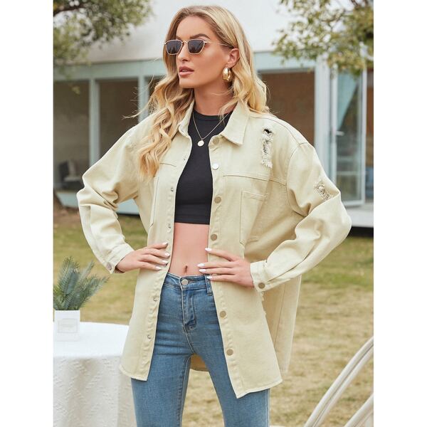 

Ripped Button Up Denim Jacket Without Belt, Khaki