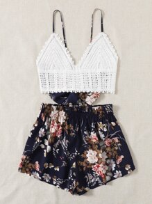 SHEIN VCAY Tie Back Crochet Cami Top & Paperbag Waist Floral Shorts Set - Multicolor - View 4