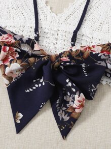 SHEIN VCAY Tie Back Crochet Cami Top & Paperbag Waist Floral Shorts Set - Multicolor - View 6
