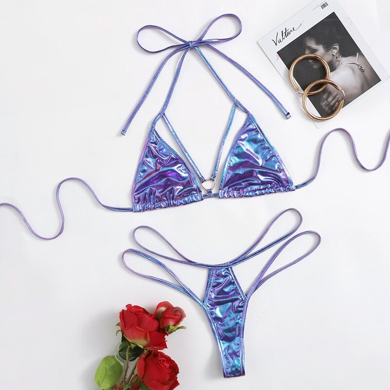 

Faux Leather Metallic Cut-out Lingerie Set, Blue