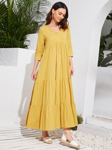 SHEIN Najma Single Breasted Ruffle Hem Solid Dress - Yellow - View 3