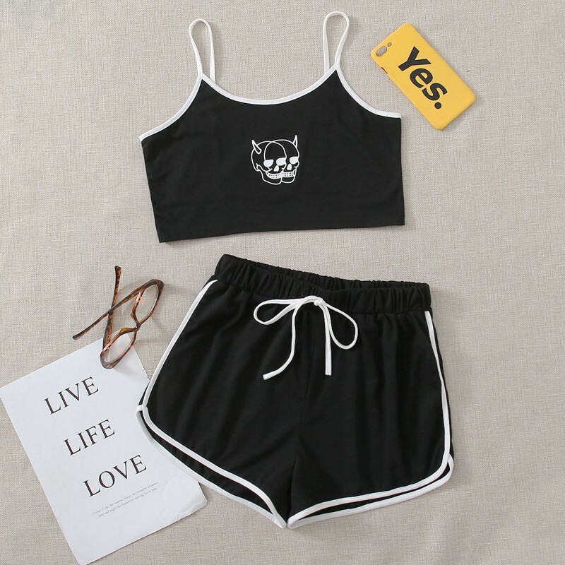 

Skull Graphic Shorts PJ Set, Black
