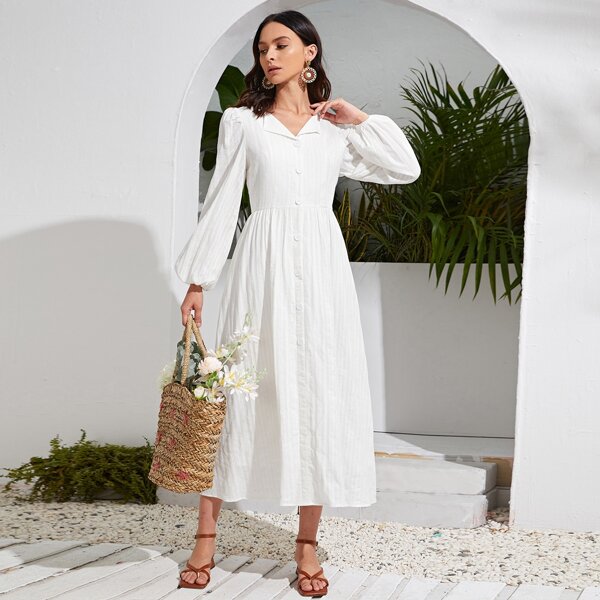 

Collared Lantern Sleeve Single Breasted Dress, White