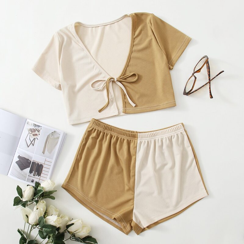 

Colorblock Tie Front Shorts PJ Set, Multicolor