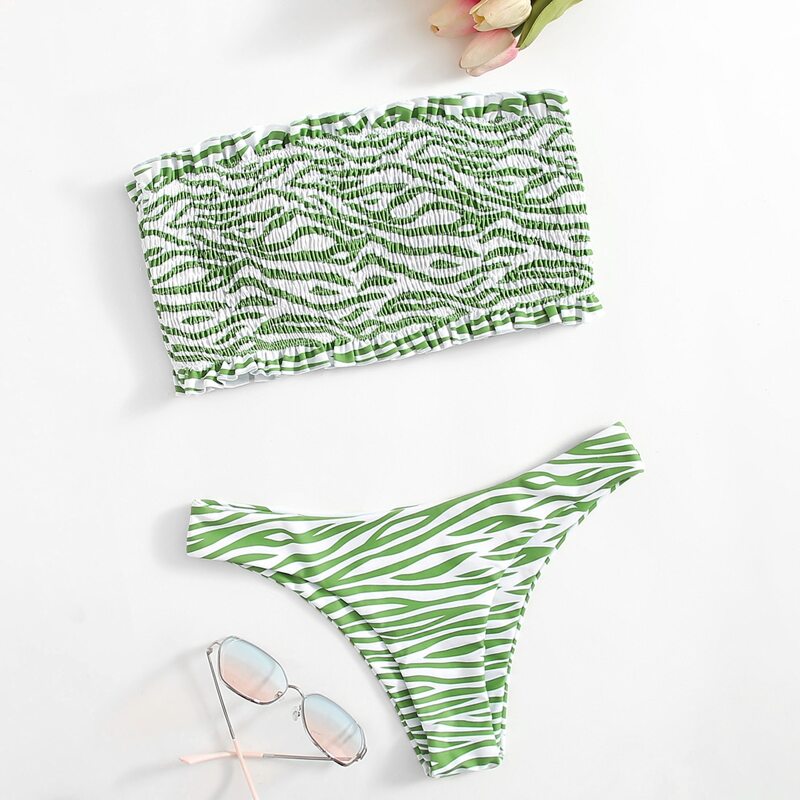 

Stripe Smocked Frill Bikini Swimsuit, Green