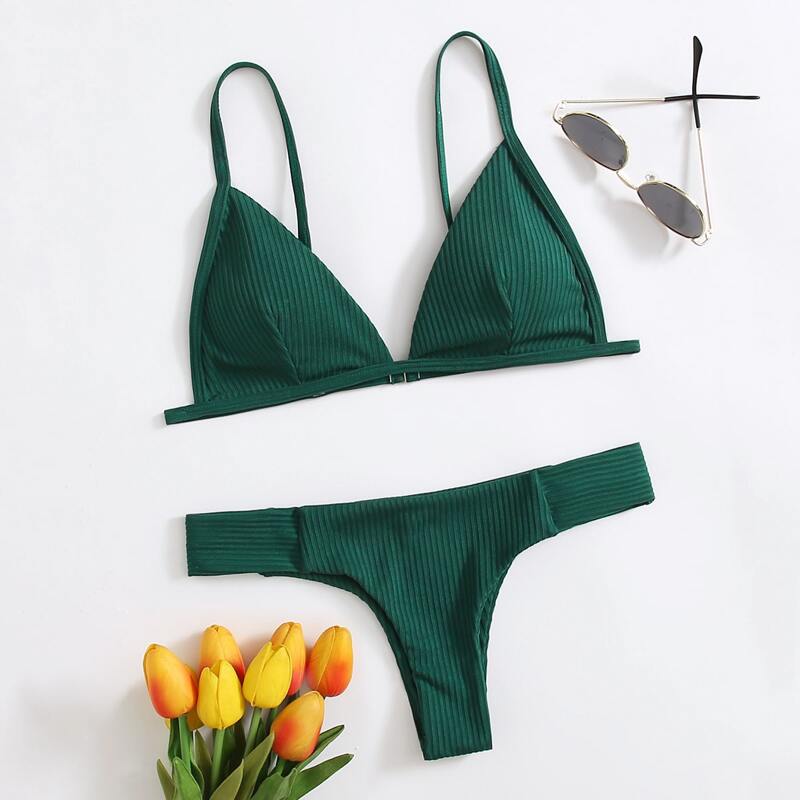 

Plain Triangle Bikini Swimsuit, Dark green