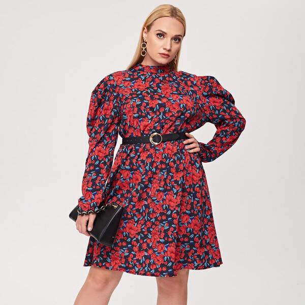 

Plus Mock Neck Allover Floral Dress Without Belt, Multicolor