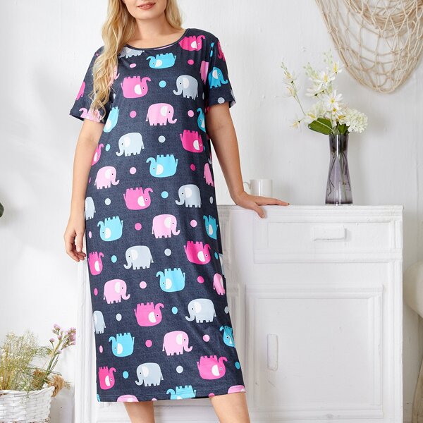 

Plus Allover Cartoon Graphic Nightdress, Multicolor