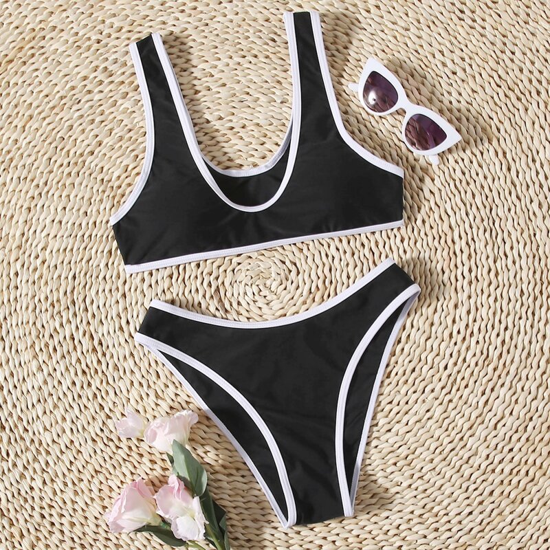 

Contrast Binding Bikini Swimsuit, Black and white