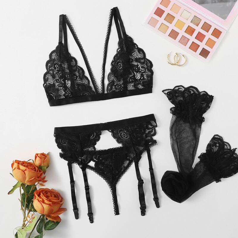 

4pack Lace Garter Lingerie Set, Black