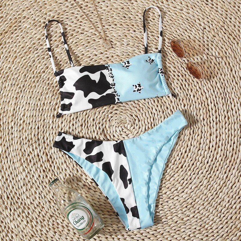 

Cow Print Spliced Bikini Swimsuit, Multicolor