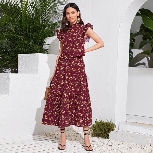 

Mock Neck Ruffle Trim Floral Top & Skirt Set, Maroon