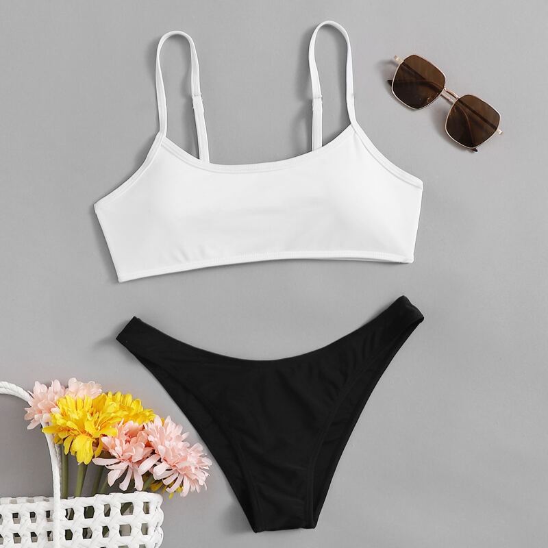 

Two Tone High Leg Bikini Swimsuit, Black and white