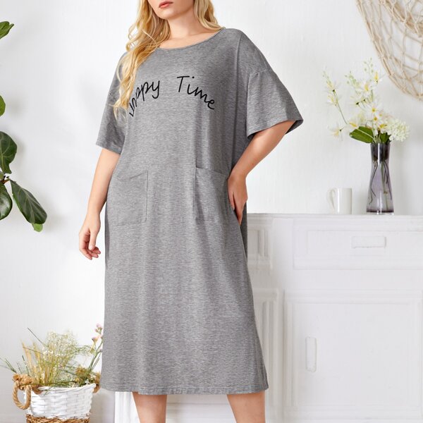 

Plus Letter Graphic Dual Pockets Nightdress, Grey