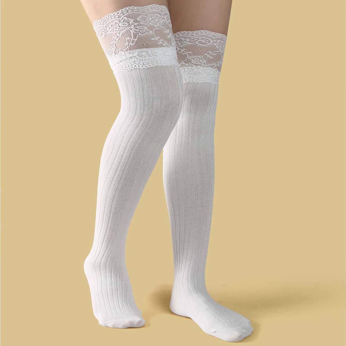 

1pair Lace Trim Stockings, White