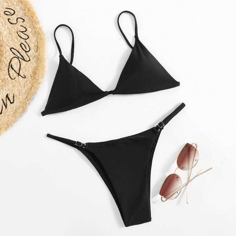 

Solid Triangle Thong Bikini Swimsuit, Black