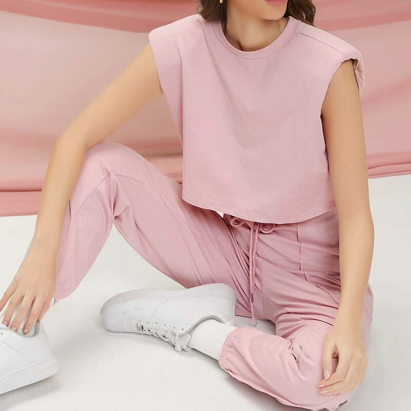 

Shoulder Pad Tank Top & Sweatpants Set, Pastel dusty pink