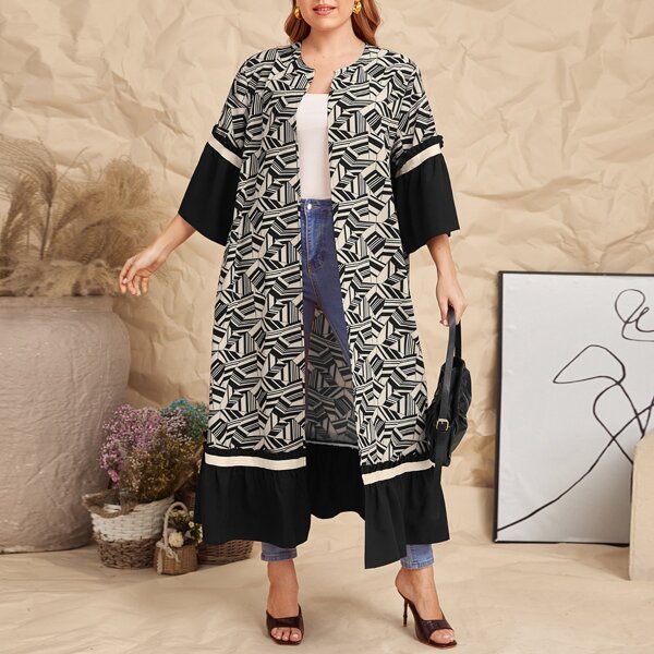 

Plus Bell Sleeve Ruffle Trim Geo Kimono, Multicolor